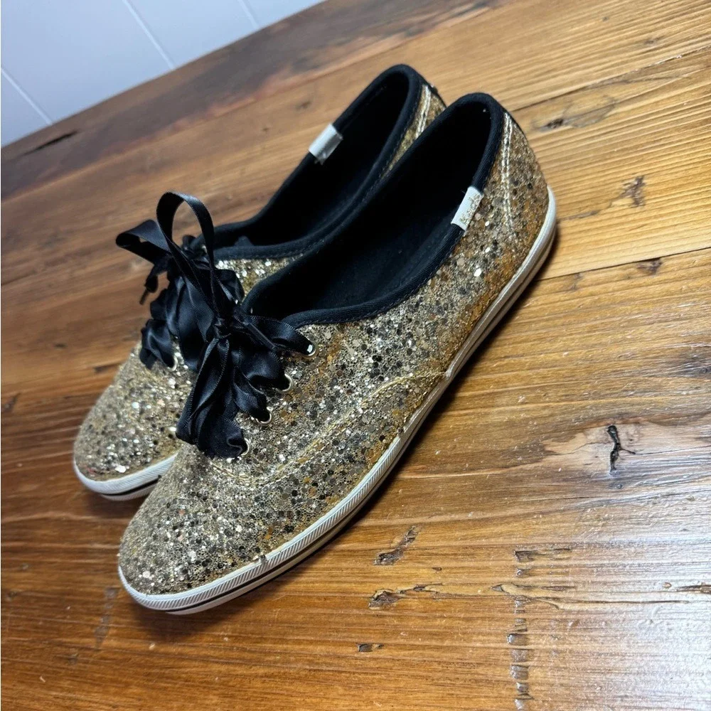 Keds X Kate Spade New York Women Gold Glitter Lace-Up Sneakers Black Lace Size 8